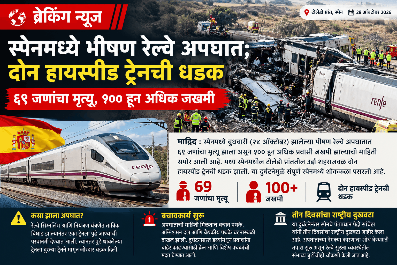 स्पेनमध्ये भीषण रेल्वे अपघात; दोन हायस्पीड ट्रेनची धडक, ६९ जणांचा मृत्यू